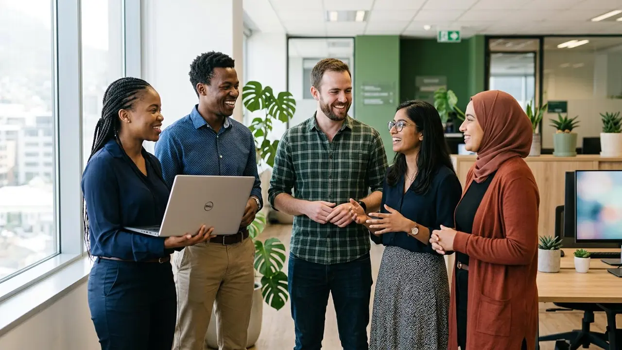 A small team of ICT professionals chatting together in a bright modern office
