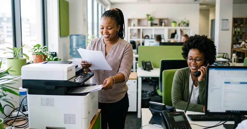 An office administrator collecting pages from a printer while a colleague talks on a VoIP desk phone