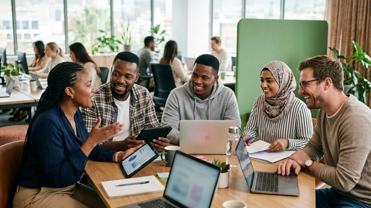 A team of colleagues sharing files on laptops and a tablet around an office table