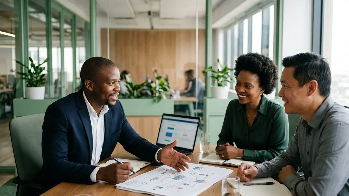 An IT consultant talking two business owners through a technology plan at a meeting table