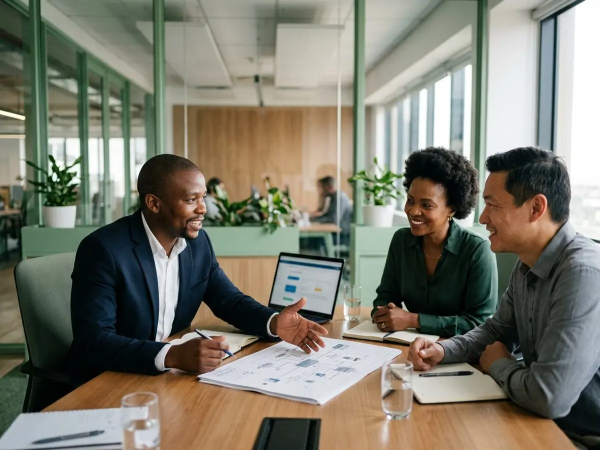 An IT consultant talking two business owners through a technology plan at a meeting table