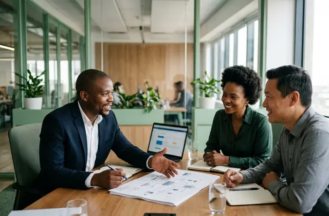 An IT consultant talking two business owners through a technology plan at a meeting table