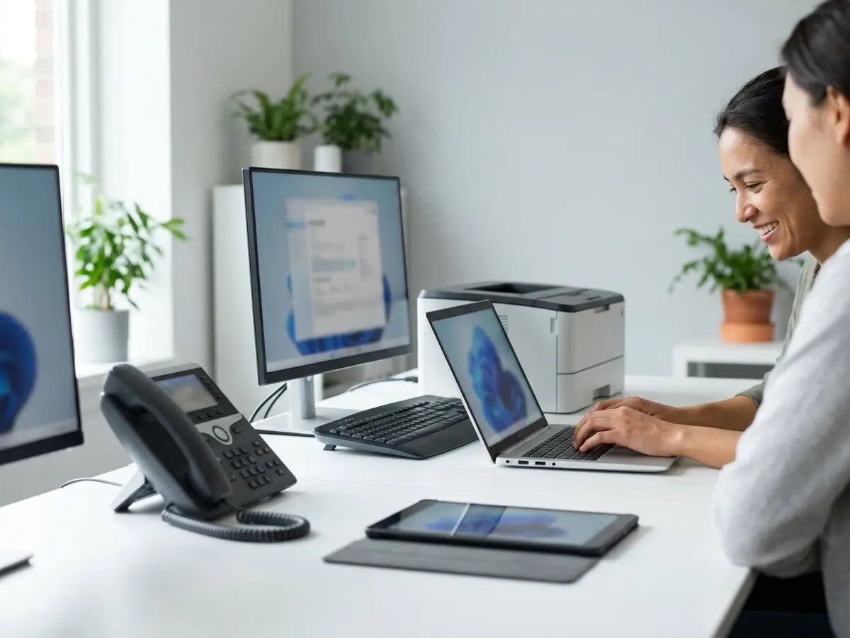 A business desk with a laptop, monitor, office printer, desk telephone and tablet