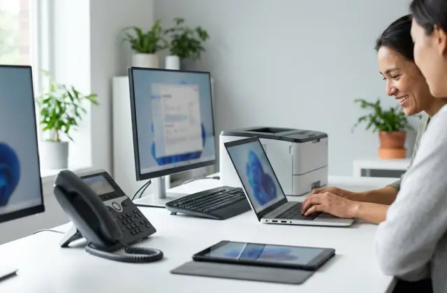 A business desk with a laptop, monitor, office printer, desk telephone and tablet