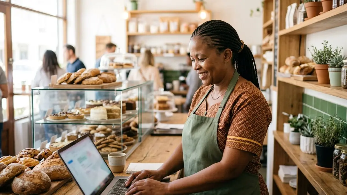 A bakery owner setting up her business email on a laptop at the shop counter