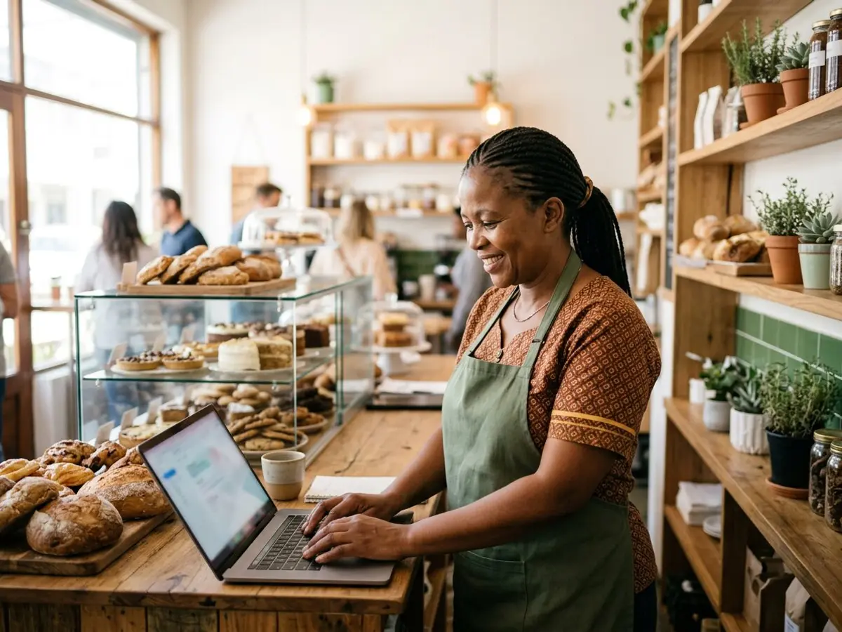 A bakery owner setting up her business email on a laptop at the shop counter
