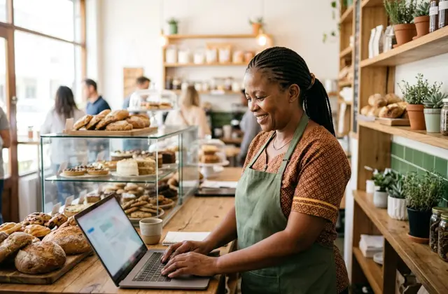 A bakery owner setting up her business email on a laptop at the shop counter