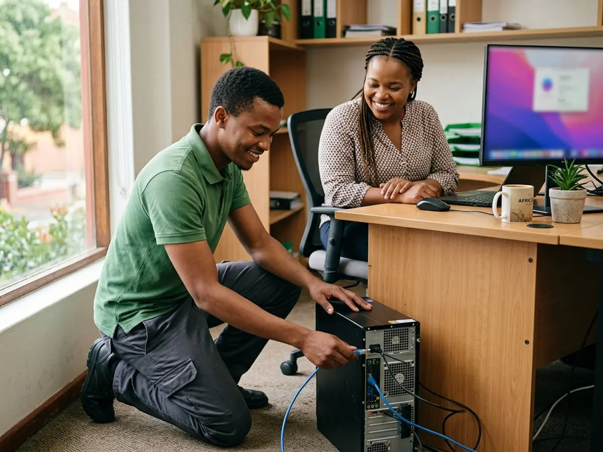 An IT technician connecting a network cable to an office computer while an employee looks on