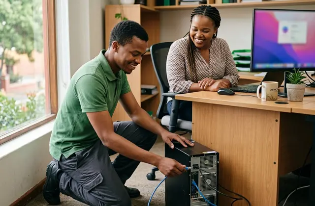 An IT technician connecting a network cable to an office computer while an employee looks on