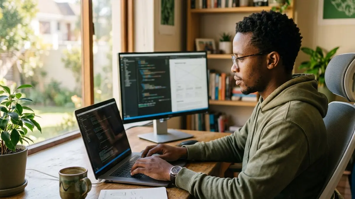 A web developer updating a website from a sunny home office