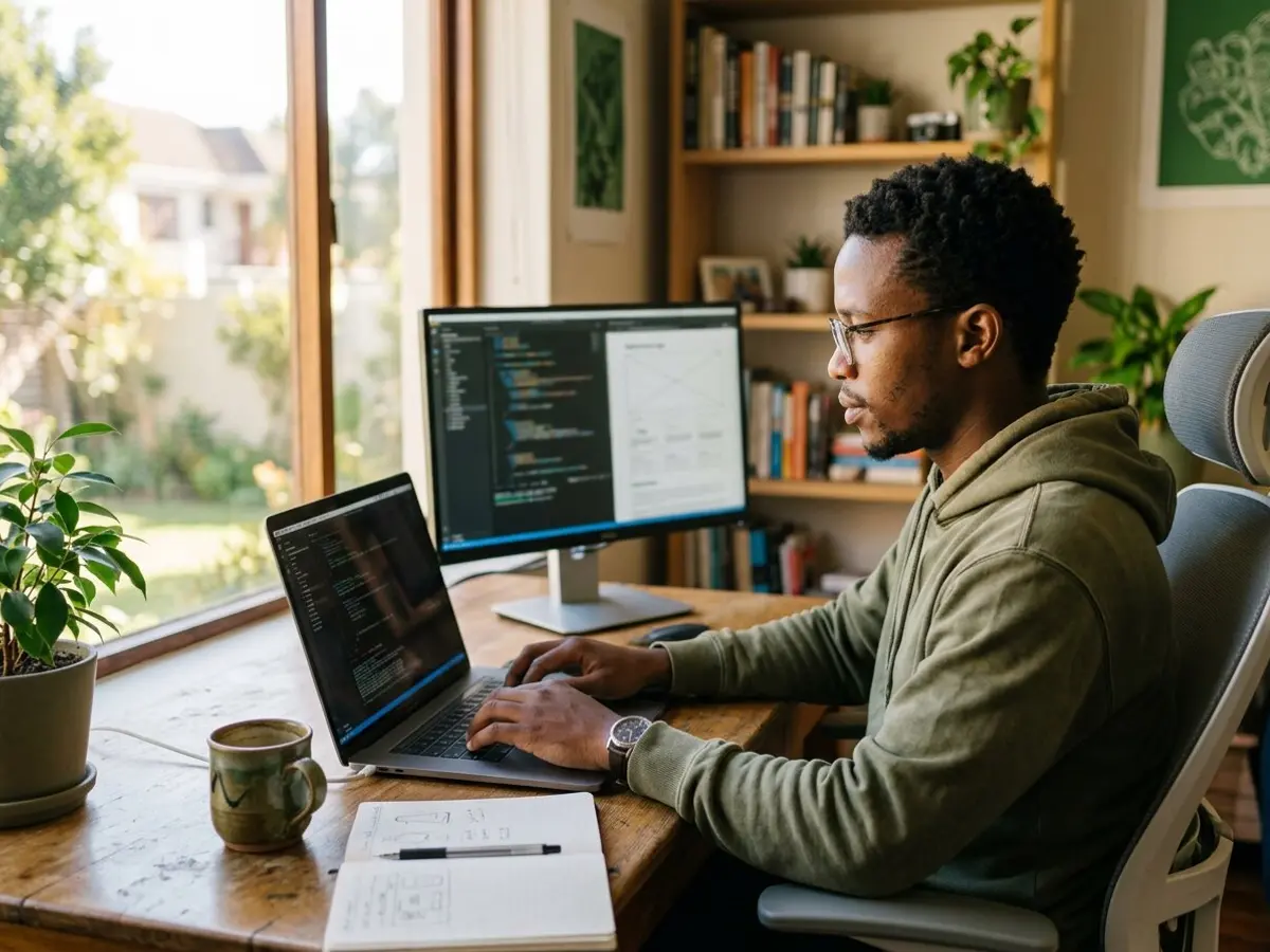 A web developer updating a website from a sunny home office
