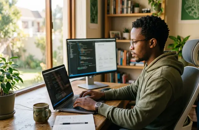 A web developer updating a website from a sunny home office
