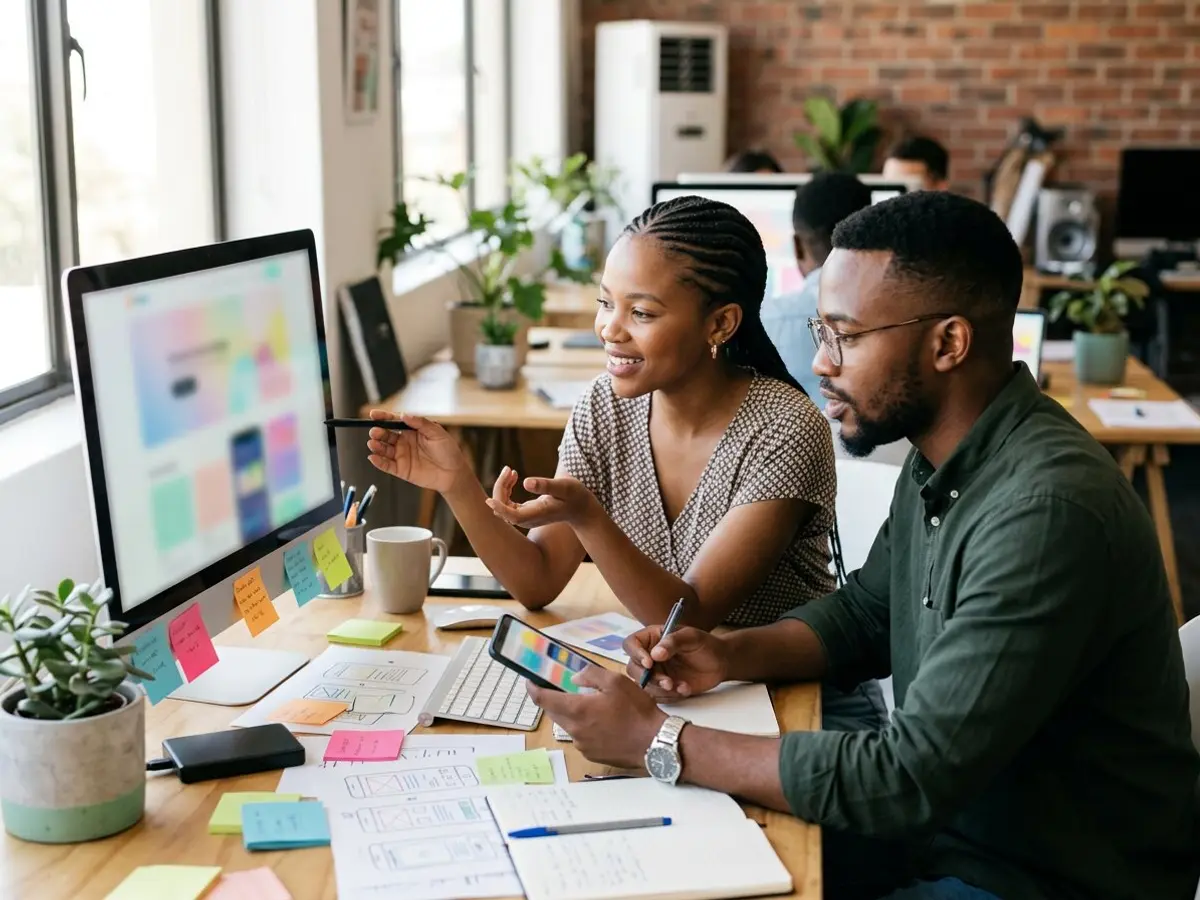 Two web designers reviewing a website layout on a monitor and smartphone