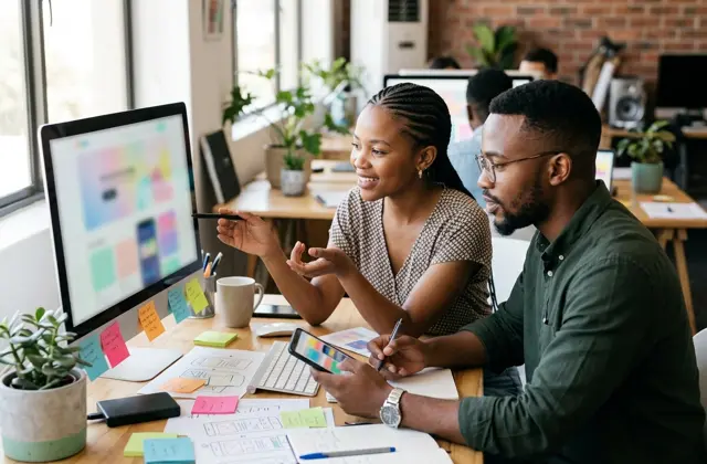 Two web designers reviewing a website layout on a monitor and smartphone