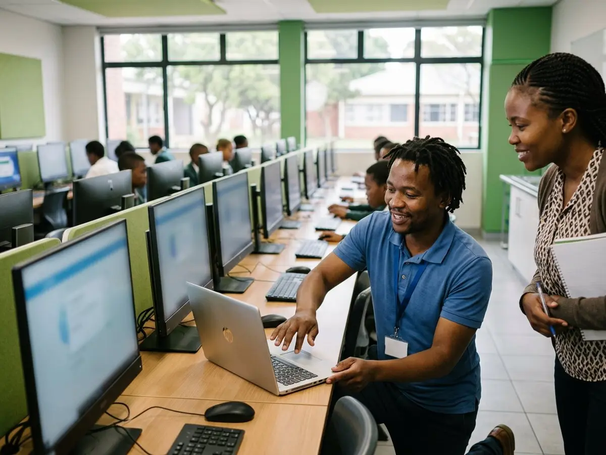 An IT technician helping a teacher set up laptops in a school computer lab