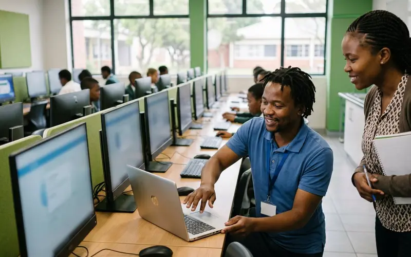 An IT technician helping a teacher set up laptops in a school computer lab