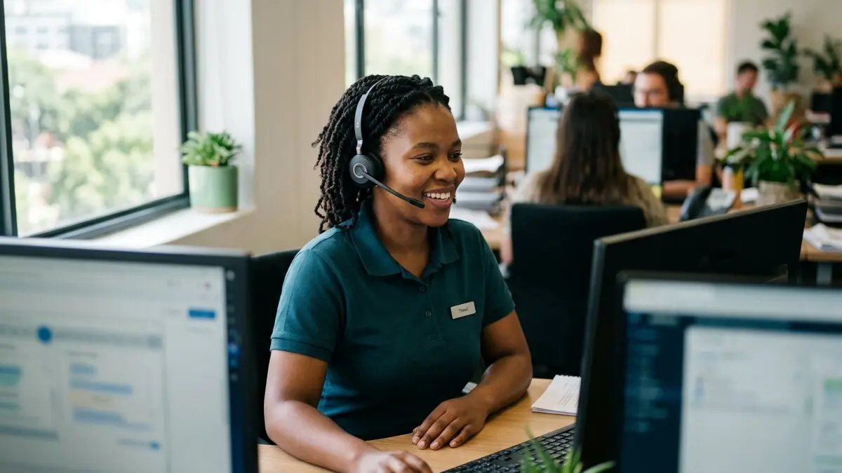 An IT support specialist wearing a headset helping a customer remotely