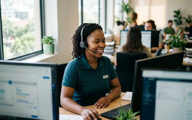 An IT support specialist wearing a headset helping a customer remotely